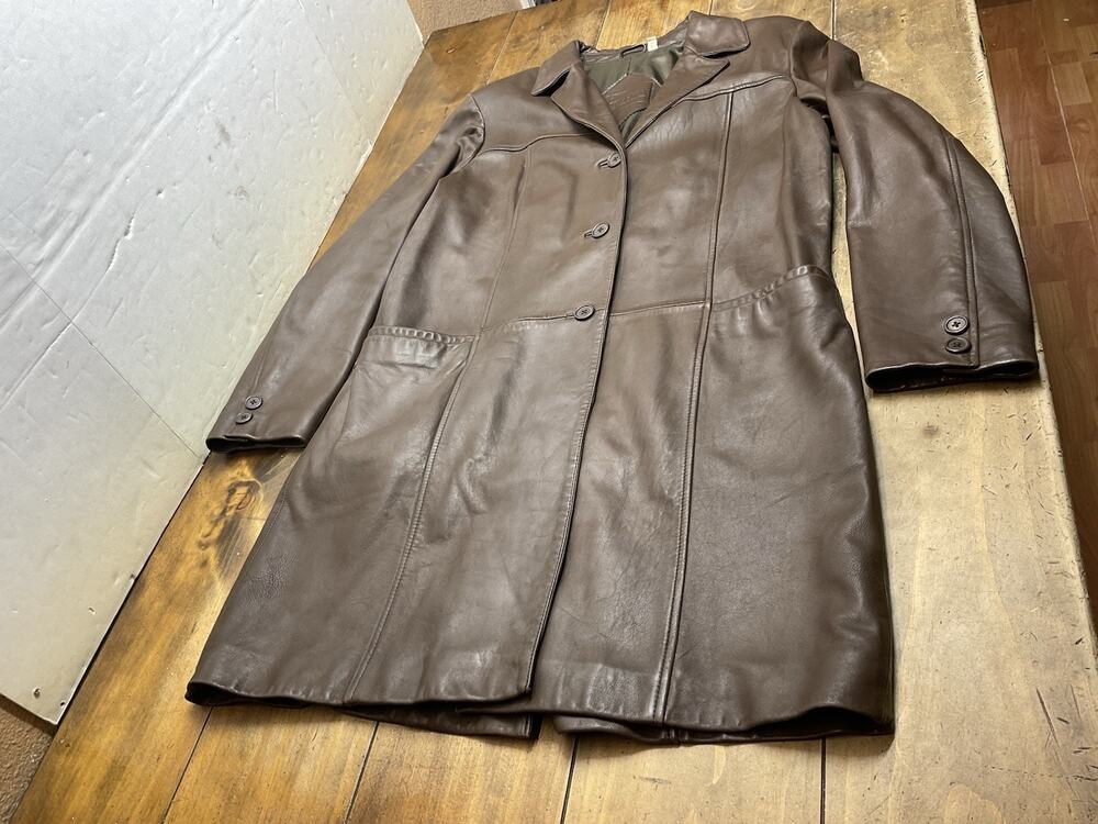 Preston And York Lamb Skin Leather Jacket Trench Coat Mens Brown Button Large
